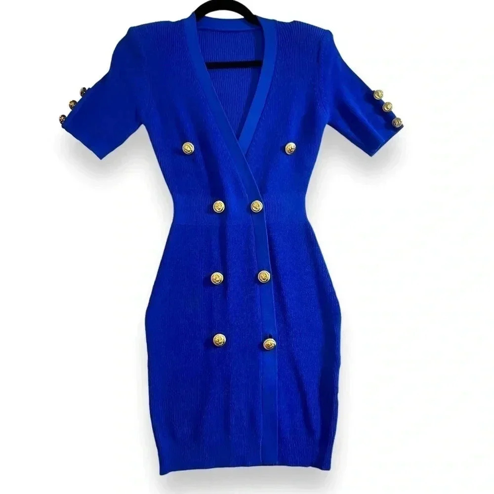 Vanity Couture Marishka Deep V Button Up Knit Dress Royal Blue Gold Buttons - Picture 5 of 14